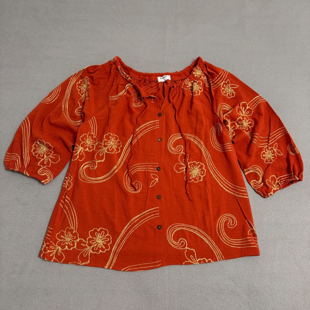 Kindred Tunic Blouse Womens Large Orange Embroidered Peasant Boho 3/4 Sleeve Top